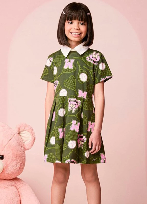 Momi - Vestido Infantil Manga Curta de Ursinha Tenista