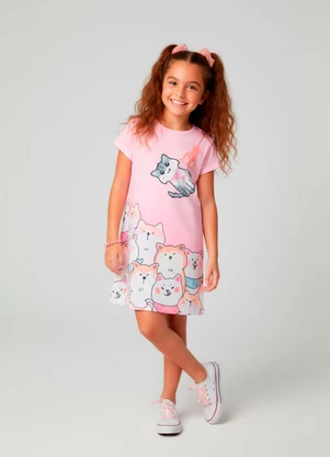 Laluna - Vestido Infantil Manga Curta Gatinhos Rosa - LALUNA