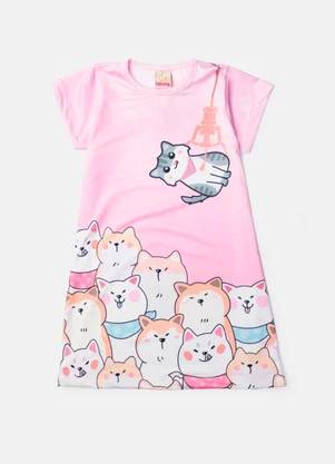 Laluna - Vestido Infantil Manga Curta Gatinhos Rosa - LALUNA