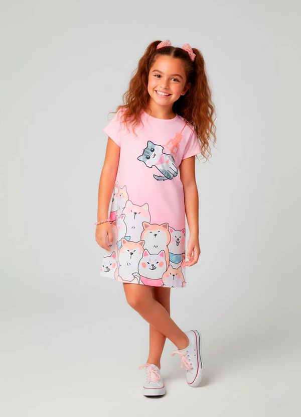 Laluna - Vestido Infantil Manga Curta Gatinhos Rosa