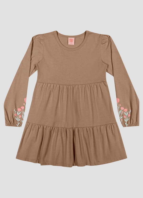 Kely Kety - Vestido Infantil Manga Longa em Meia Malha com Estampa Marrom
