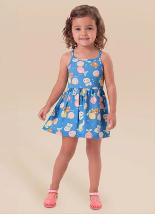 Brandili - Vestido Infantil Meia Malha Animais Azul - BRANDILI