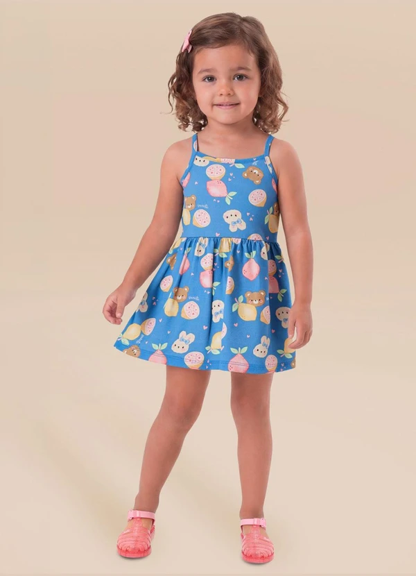 Brandili - Vestido Infantil Meia Malha Animais Azul
