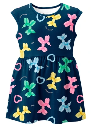 Brandili - Vestido Infantil Meia Malha Animais Azul - BRANDILI