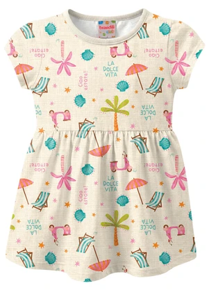 Brandili - Vestido Infantil Meia Malha Bichinhos Bege - BRANDILI