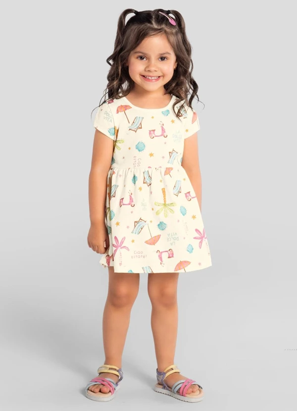 Brandili - Vestido Infantil Meia Malha Bichinhos Bege