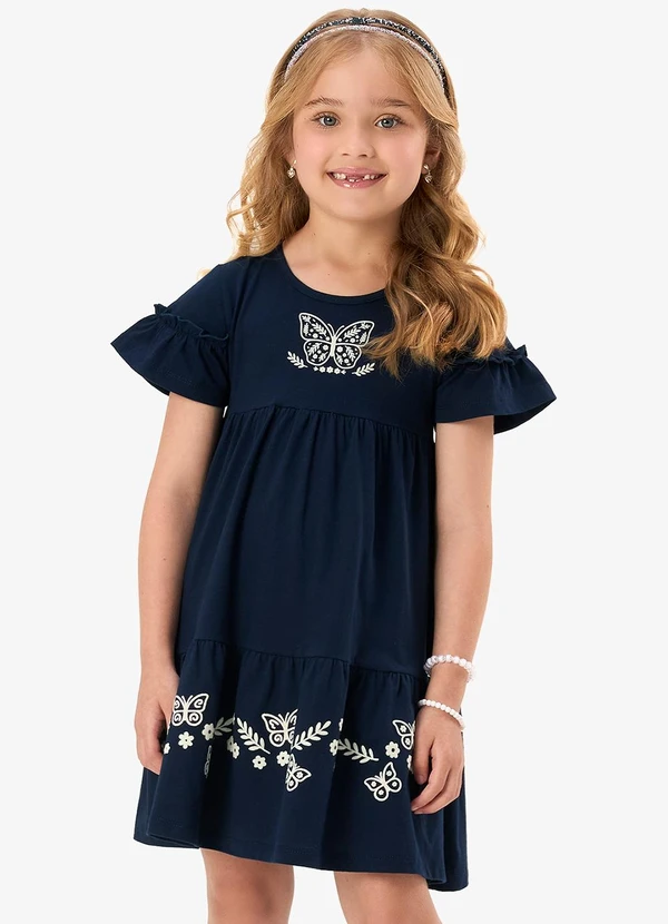 Rovi Kids - Vestido Infantil Meia Malha com Estampa Azul
