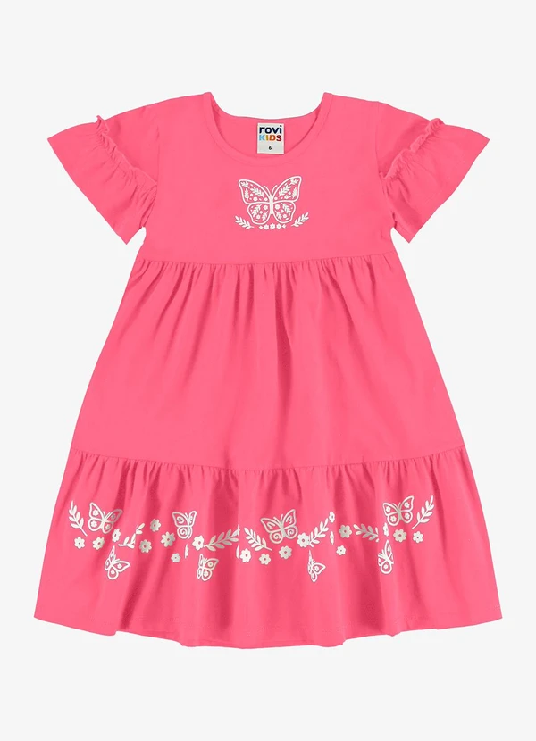 Rovi Kids - Vestido Infantil Meia Malha com Estampa Rosa