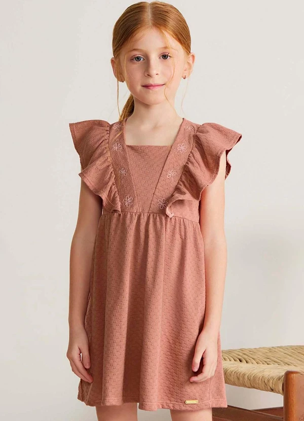Colorittá - Vestido Infantil Menina Bordado Flores Marrom
