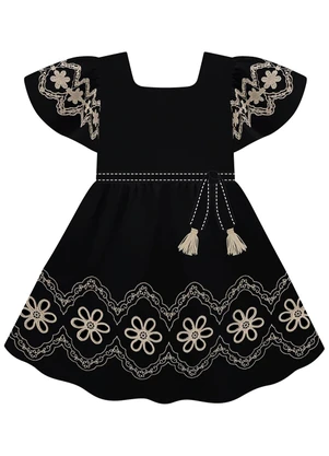 Milon - Vestido Infantil Menina Bordado Preto - MILON