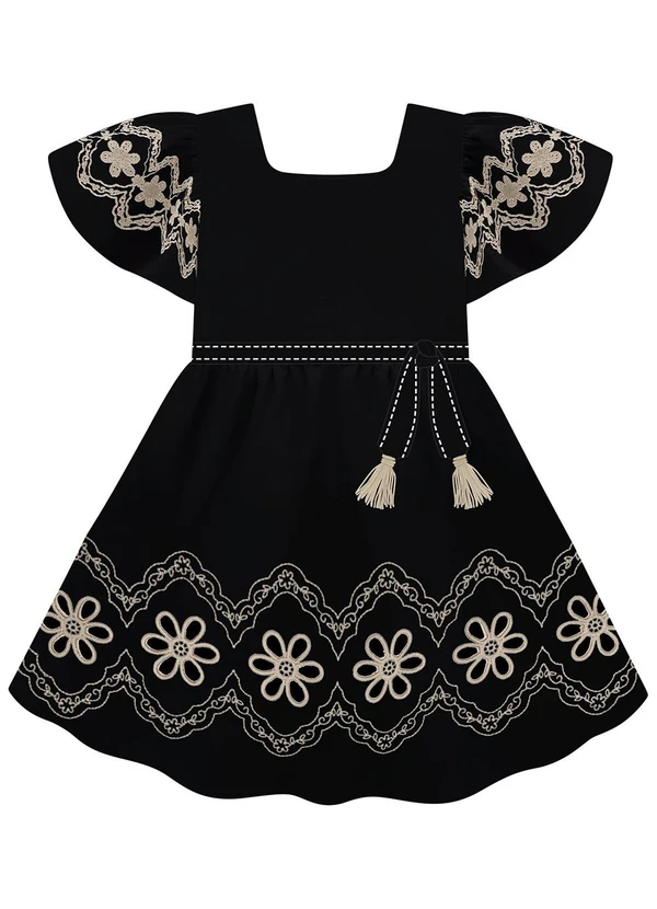 Milon - Vestido Infantil Menina Bordado Preto 2