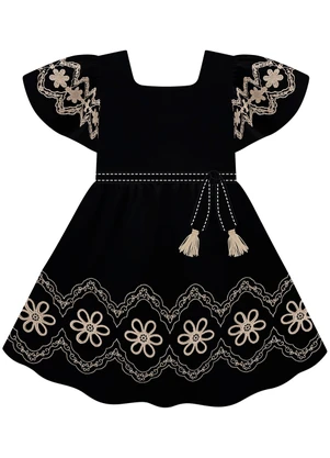 Milon - Vestido Infantil Menina Bordado Preto - MILON