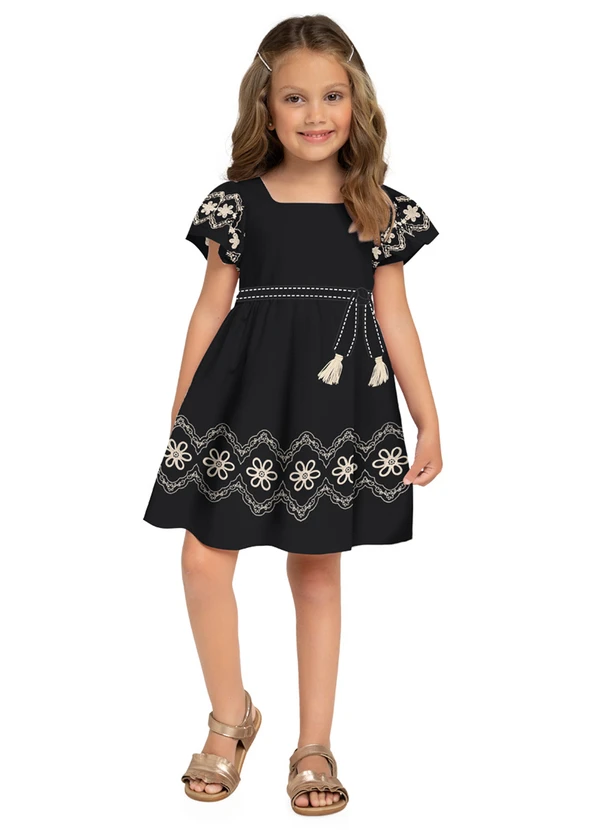 Milon - Vestido Infantil Menina Bordado Preto