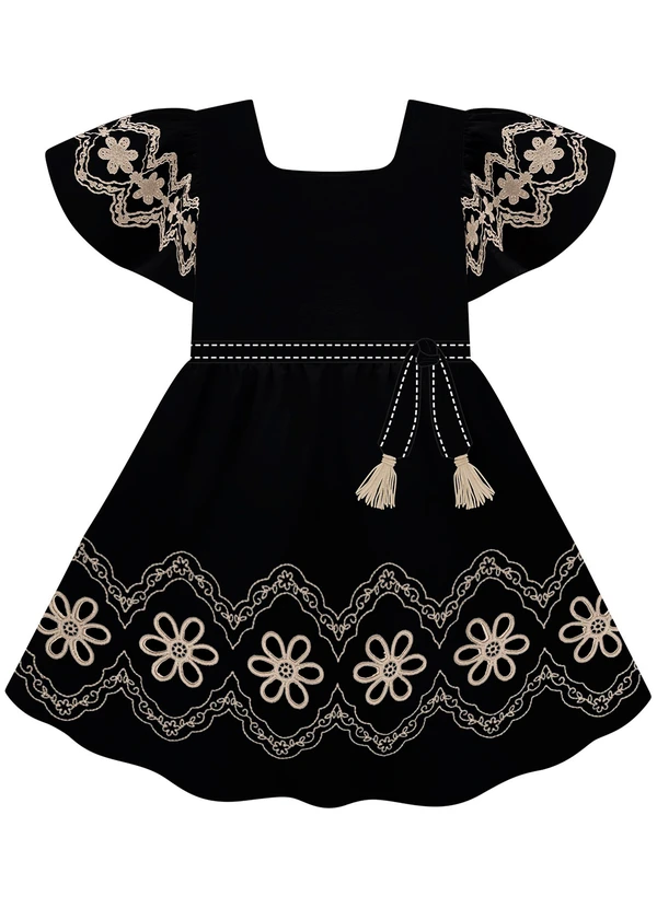 Milon - Vestido Infantil Menina Bordado Preto 2