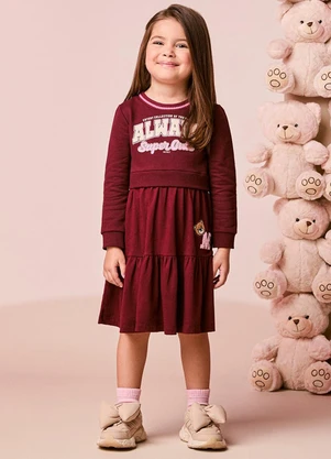 Momi - Vestido Infantil Menina Bordô com Patch de Ursinho - MOMI