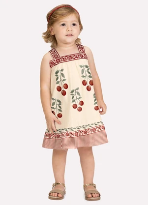 Milon - Vestido Infantil Menina Cerejas Bege - MILON