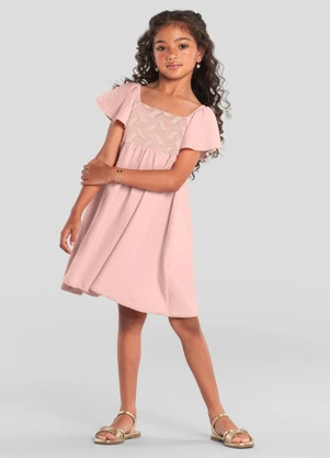 Brandili Mundi - Vestido Infantil Menina com Bordado Rosa - BRANDILI MUNDI
