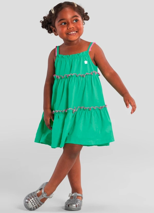 Brandili - Vestido Infantil Menina com Pompom Verde