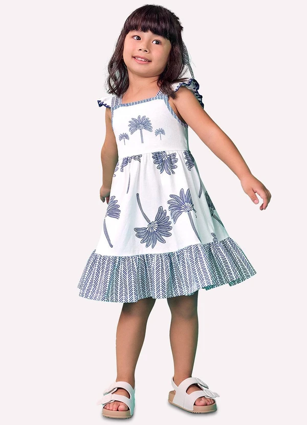 Nanai - Vestido Infantil Menina Coqueiros Branco