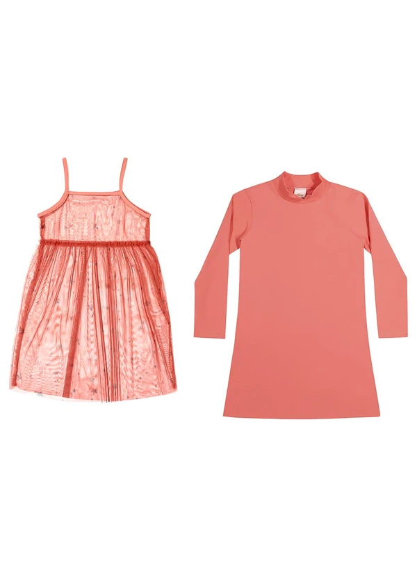 Elian - Vestido Infantil Menina Curto Tule Estrelas Salmão 2