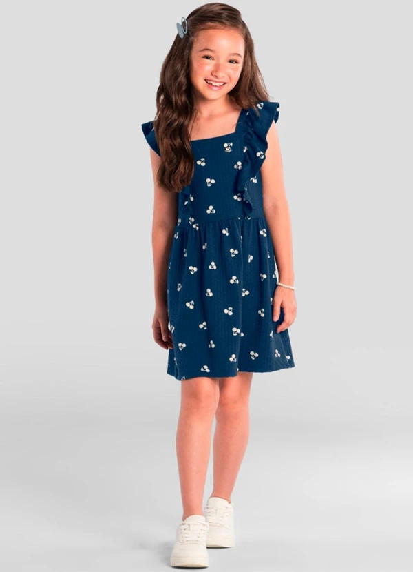 Brandili - Vestido Infantil Menina de Cerejas Azul