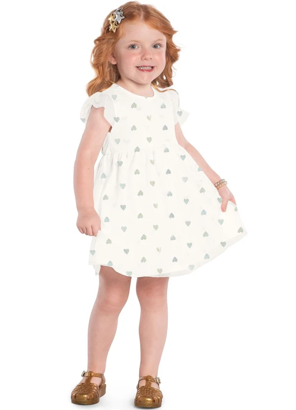 Kyly - Vestido Infantil Menina de Corações Off White