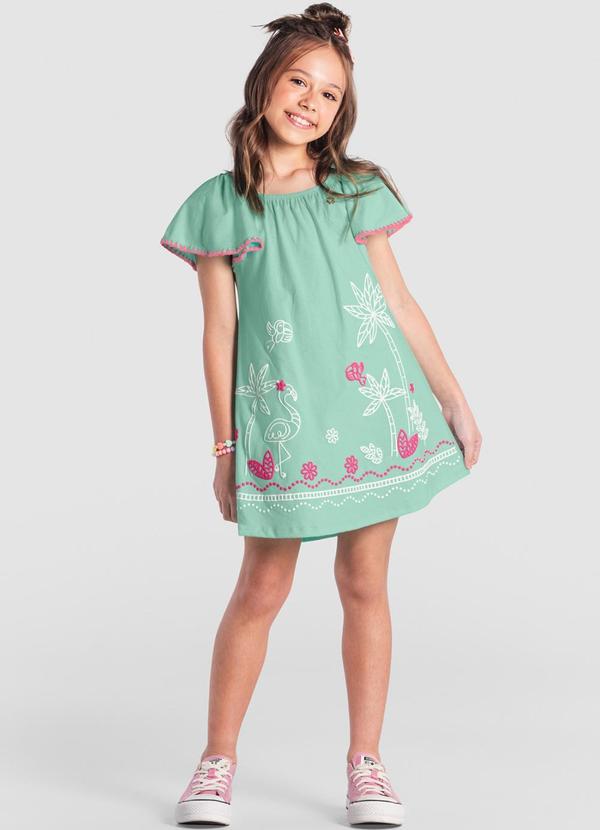 Brandili - Vestido Infantil Menina de Flamingo Azul
