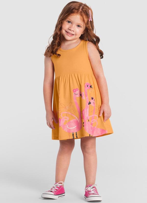 Brandili - Vestido Infantil Menina de Flamingos Laranja