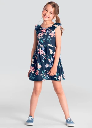 Brandili - Vestido Infantil Menina de Flores em Malha Azul - BRANDILI