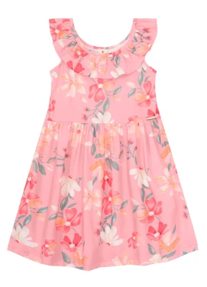 Brandili - Vestido Infantil Menina de Flores em Malha Rosa - BRANDILI