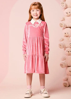 Momi - Vestido Infantil Menina de Plush com Bordado - MOMI