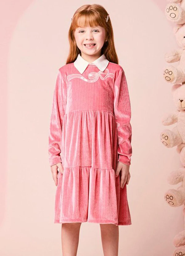 Momi - Vestido Infantil Menina de Plush com Bordado
