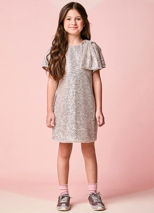 Momi - Vestido Infantil Menina de Tela com Paetê