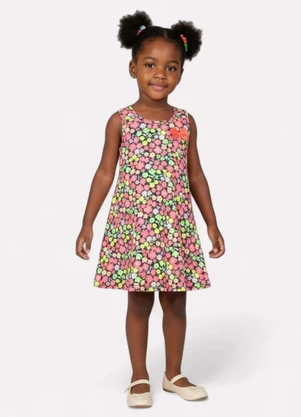 Kyly - Vestido Infantil Menina em Algodão Flores Cinza - KYLY