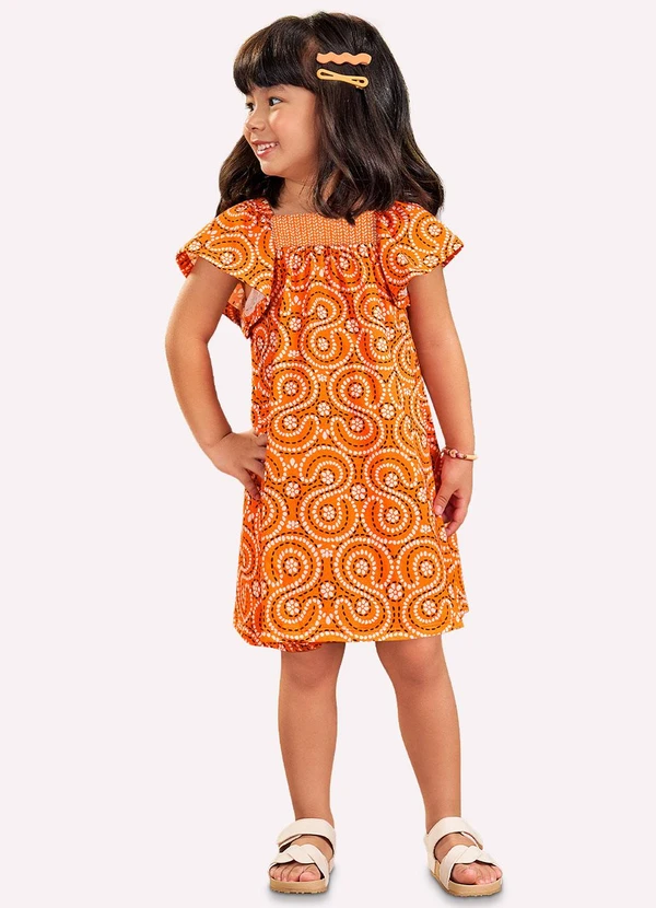 Nanai - Vestido Infantil Menina em Algodão Laranja
