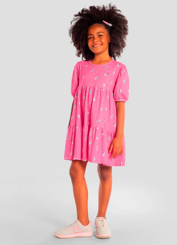 Brandili - Vestido Infantil Menina em Cotton Rosa