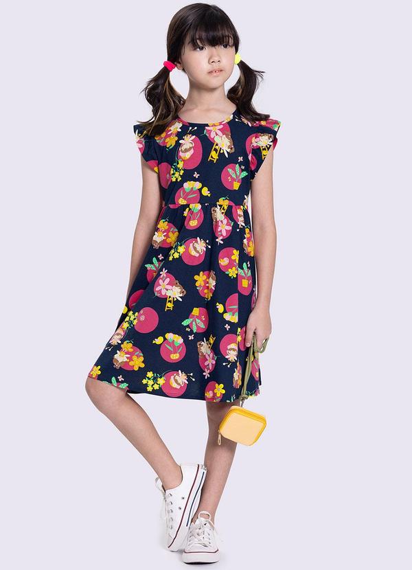 Alakazoo - Vestido Infantil Menina em Malha Estampado Azul