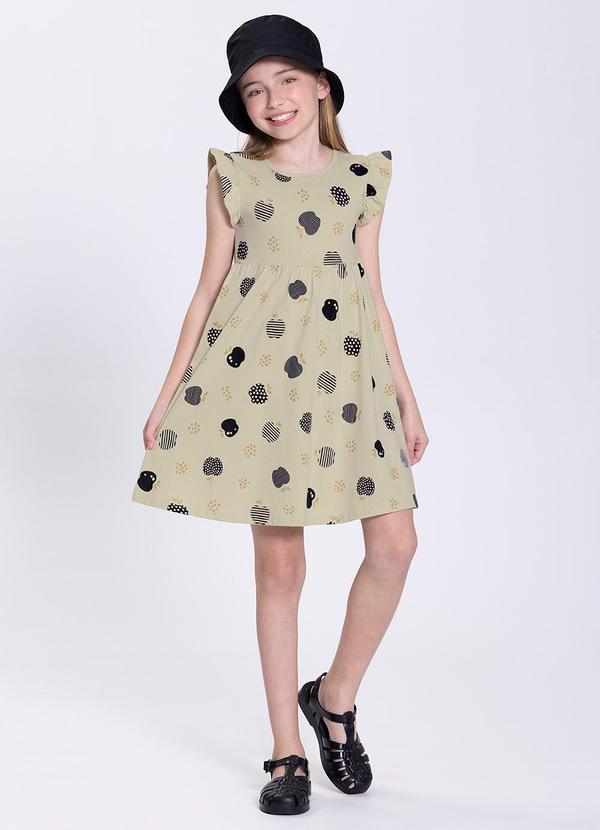 Alakazoo - Vestido Infantil Menina em Malha Estampado Bege