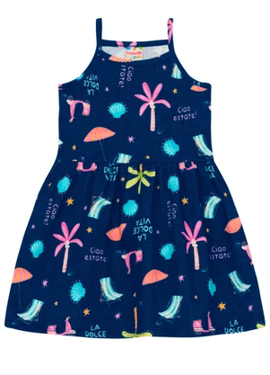 Brandili - Vestido Infantil Menina em Meia Malha Azul - BRANDILI