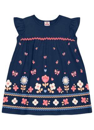 Brandili - Vestido Infantil Menina em Meia Malha Azul - BRANDILI
