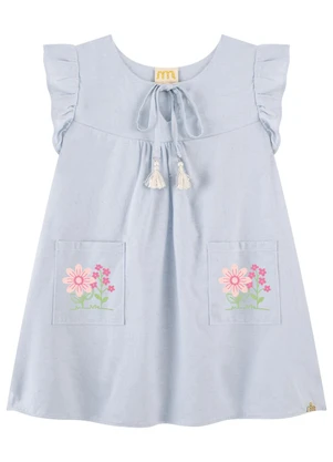 Milli e Nina - Vestido Infantil Menina em Tecido com Linho Azul - MILLI E NINA