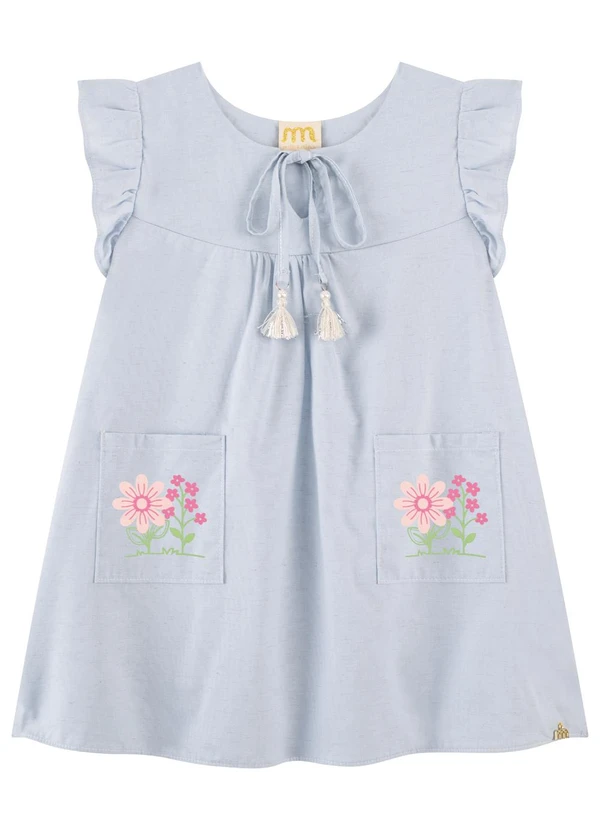 Milli e Nina - Vestido Infantil Menina em Tecido com Linho Azul