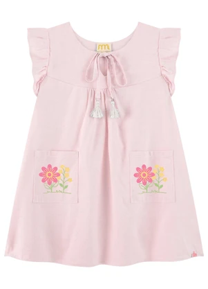 Milli e Nina - Vestido Infantil Menina em Tecido com Linho Rosa - MILLI E NINA