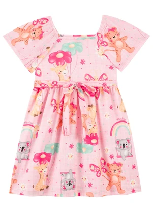 Marlan - Vestido Infantil Menina Estampado com Faixa Rosa - MARLAN