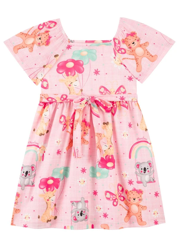 Marlan - Vestido Infantil Menina Estampado com Faixa Rosa