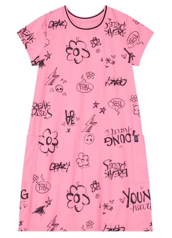Young Class - Vestido Infantil Menina Estampado em Malha  Rosa