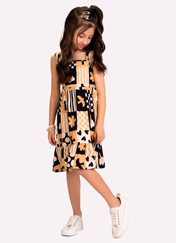 Kyly - Vestido Infantil Menina Estampado Preto