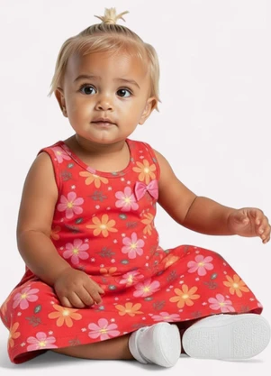 Kyly - Vestido Infantil Menina Evasê Flores Vermelho - KYLY