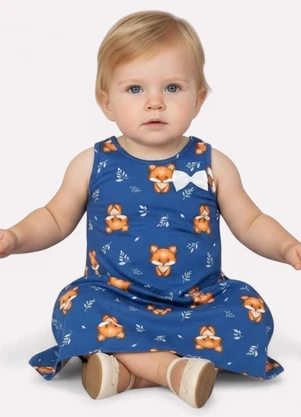 Kyly - Vestido Infantil Menina Evasê Raposa Azul - KYLY