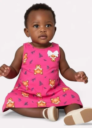 Kyly - Vestido Infantil Menina Evasê Raposa Rosa - KYLY